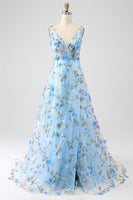 Load image into Gallery viewer, Blue A-Line V-Neck Long Prom Dress with 3D Flowers