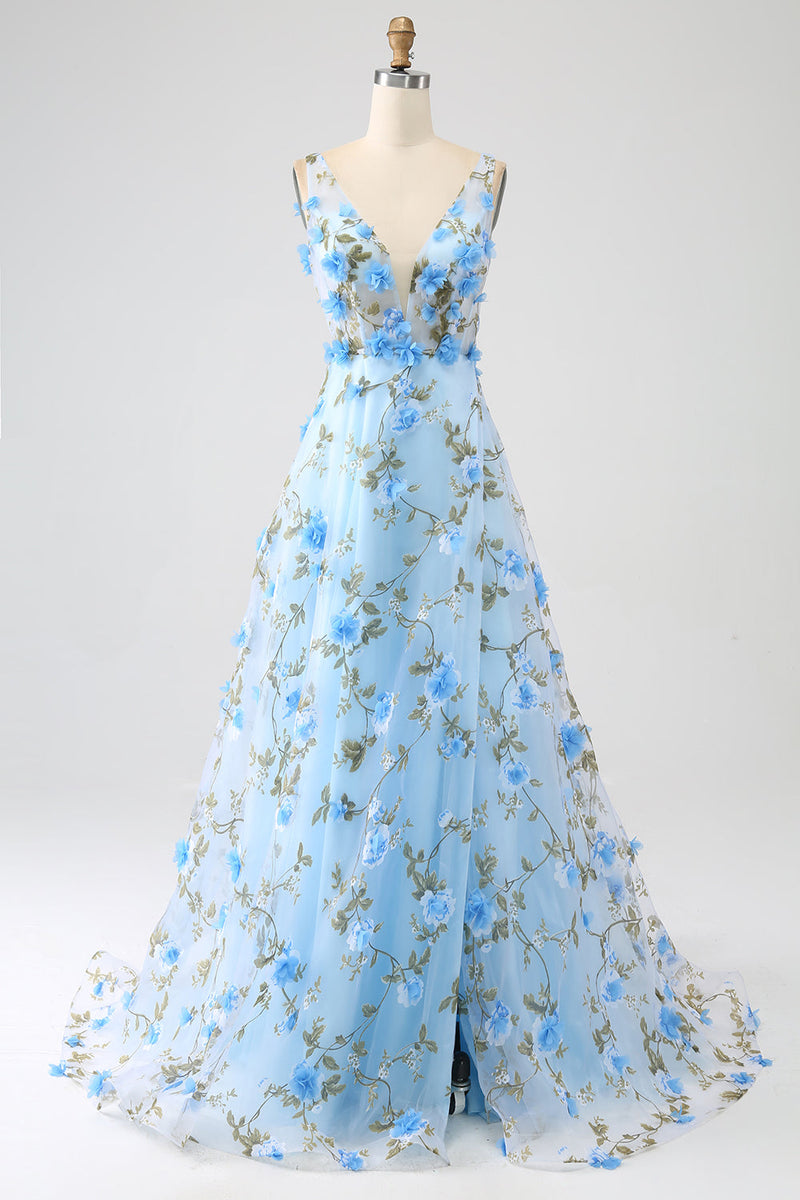 Load image into Gallery viewer, Blue A-Line V-Neck Long Prom Dress with 3D Flowers