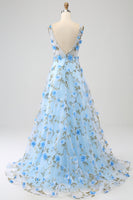 Load image into Gallery viewer, Blue A-Line V-Neck Long Prom Dress with 3D Flowers