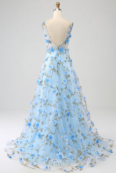 Blue A-Line V-Neck Long Prom Dress with 3D Flowers