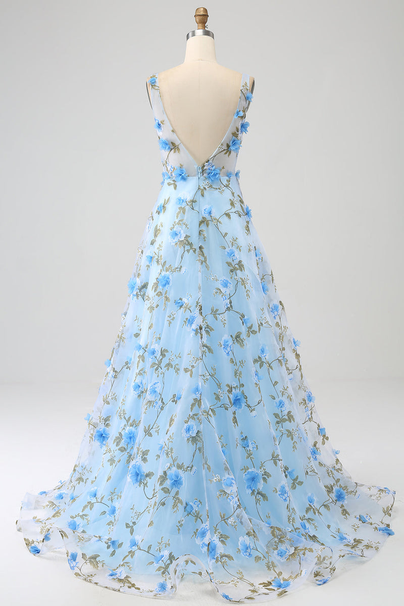 Load image into Gallery viewer, Blue A-Line V-Neck Long Prom Dress with 3D Flowers