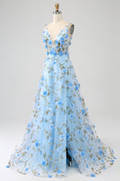Load image into Gallery viewer, Blue A-Line V-Neck Long Prom Dress with 3D Flowers