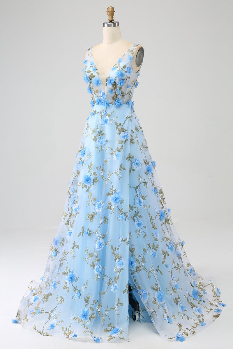 Load image into Gallery viewer, Blue A-Line V-Neck Long Prom Dress with 3D Flowers