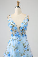 Load image into Gallery viewer, Blue A-Line V-Neck Long Prom Dress with 3D Flowers