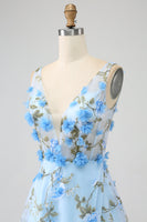 Load image into Gallery viewer, Blue A-Line V-Neck Long Prom Dress with 3D Flowers