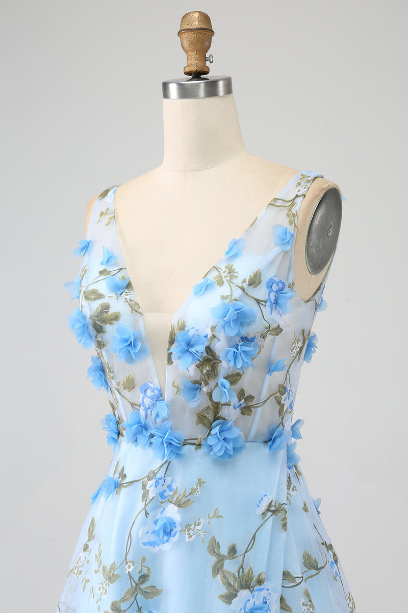 Load image into Gallery viewer, Blue A-Line V-Neck Long Prom Dress with 3D Flowers