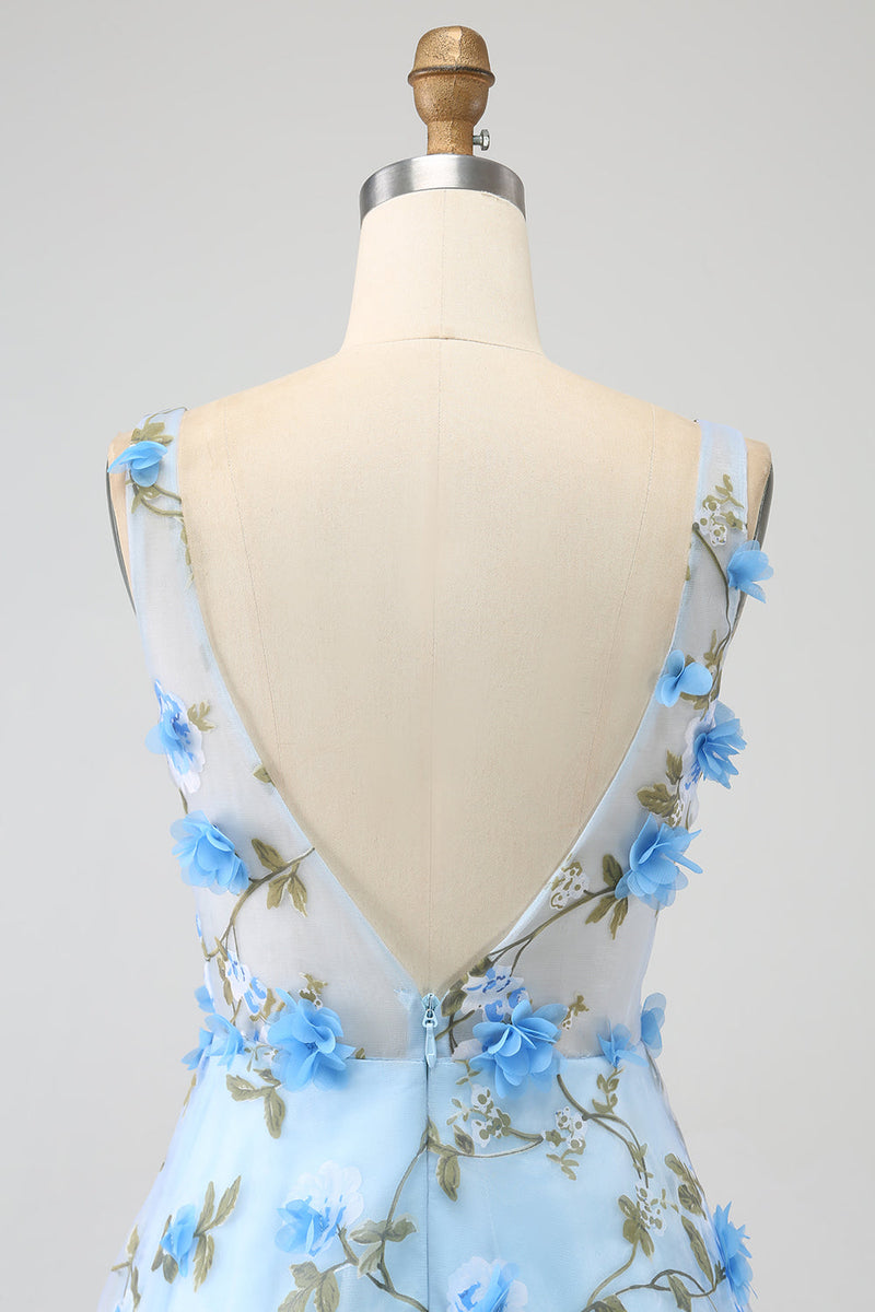 Load image into Gallery viewer, Blue A-Line V-Neck Long Prom Dress with 3D Flowers