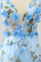 Load image into Gallery viewer, Blue A-Line V-Neck Long Prom Dress with 3D Flowers