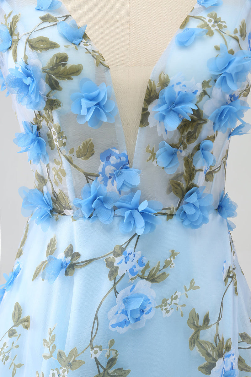 Load image into Gallery viewer, Blue A-Line V-Neck Long Prom Dress with 3D Flowers