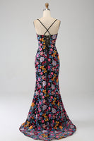 Load image into Gallery viewer, Mermaid Spaghetti Straps Black Flower Embroidered Prom Dress With Side Slit