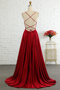 A-Line Burgundy Spaghetti Straps Long Prom Dress with Cirss Cross Back
