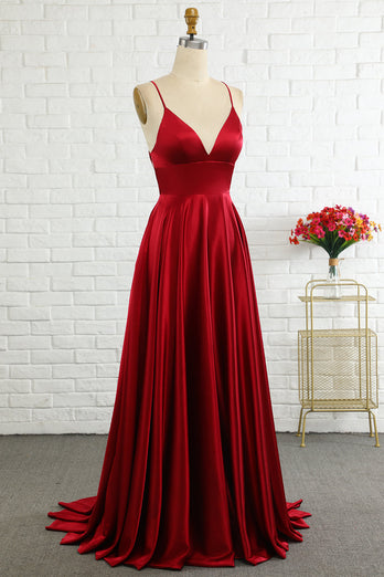 A-Line Burgundy Spaghetti Straps Long Prom Dress with Cirss Cross Back