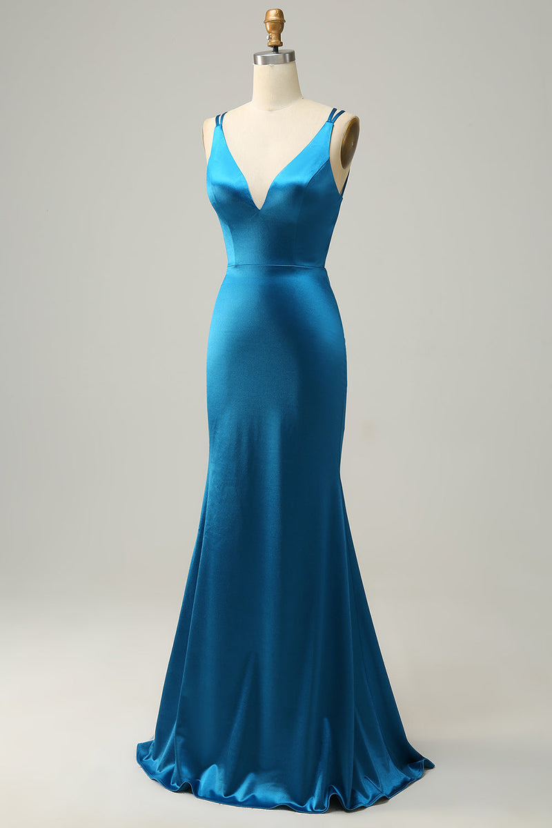 Load image into Gallery viewer, Blue Mermaid Backless Long Prom Dress