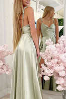 Load image into Gallery viewer, A-Line Spaghetti Straps Light Green Satin Long Prom Dress with Slit