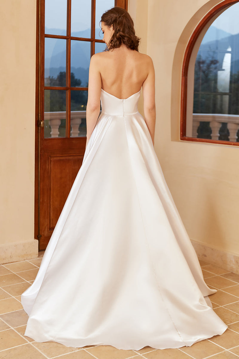 Load image into Gallery viewer, White Satin Sweetheart Wedding Dress with Slit