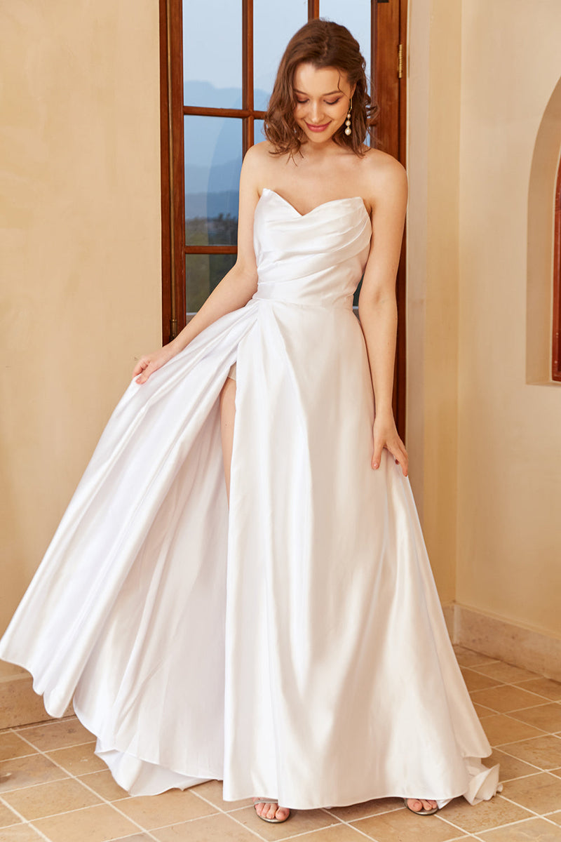 Load image into Gallery viewer, White Satin Sweetheart Wedding Dress with Slit