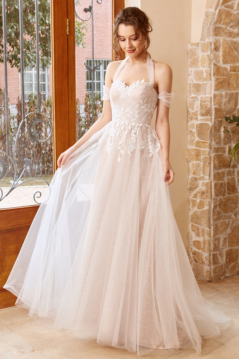 Load image into Gallery viewer, Elegant A Line Halter White Long Wedding Dress with Appliques