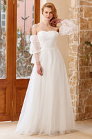 Load image into Gallery viewer, A Line Off the Shoulder White Wedding Dress with Long Sleeves