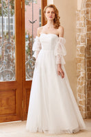 Load image into Gallery viewer, A Line Off the Shoulder White Wedding Dress with Long Sleeves