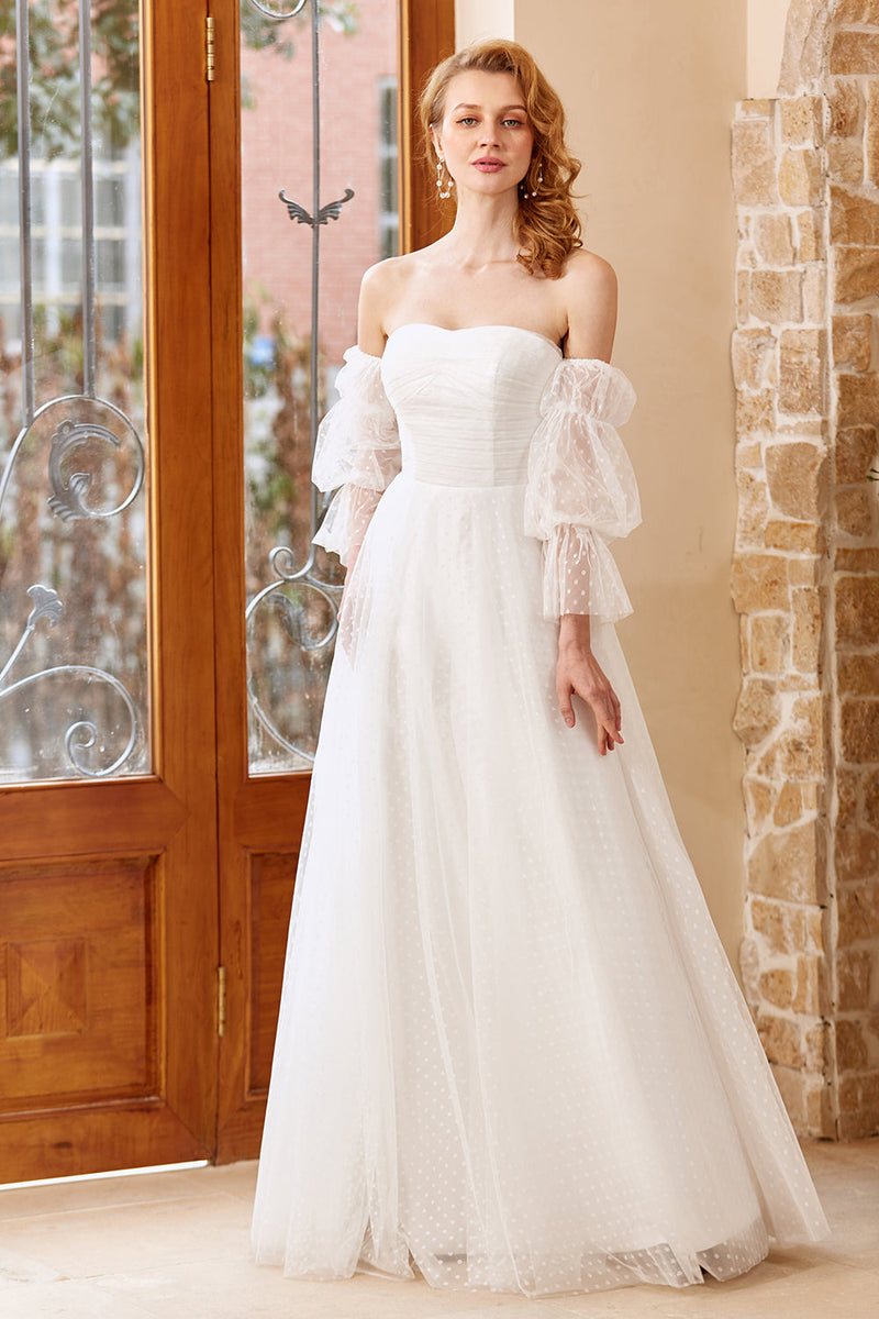 Load image into Gallery viewer, A Line Off the Shoulder White Wedding Dress with Long Sleeves
