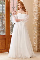 Load image into Gallery viewer, A Line Off the Shoulder White Wedding Dress with Long Sleeves