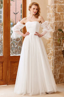 Load image into Gallery viewer, A Line Off the Shoulder White Wedding Dress with Long Sleeves