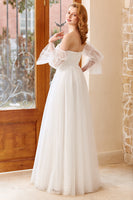 Load image into Gallery viewer, A Line Off the Shoulder White Wedding Dress with Long Sleeves