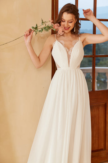 White Spaghetti Straps Simple Wedding Dress