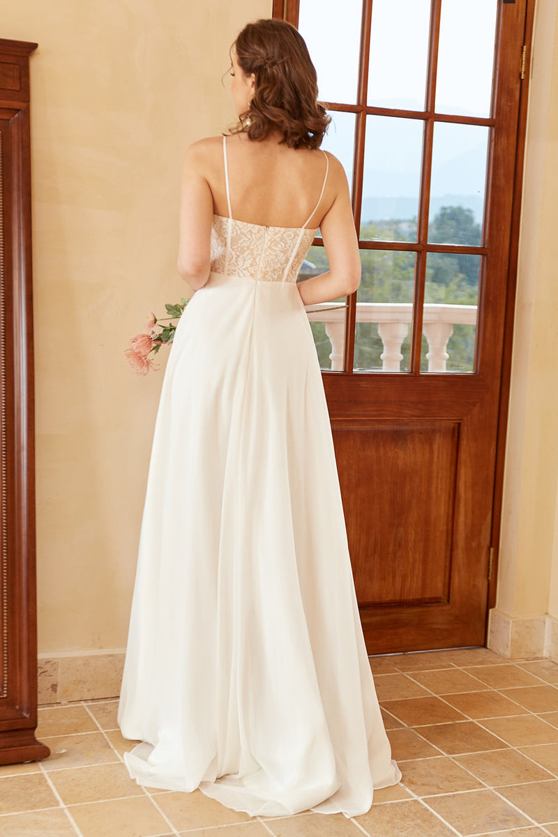 Load image into Gallery viewer, Beautiful A Line Spaghetti Straps White Wedding Dress with Appliques