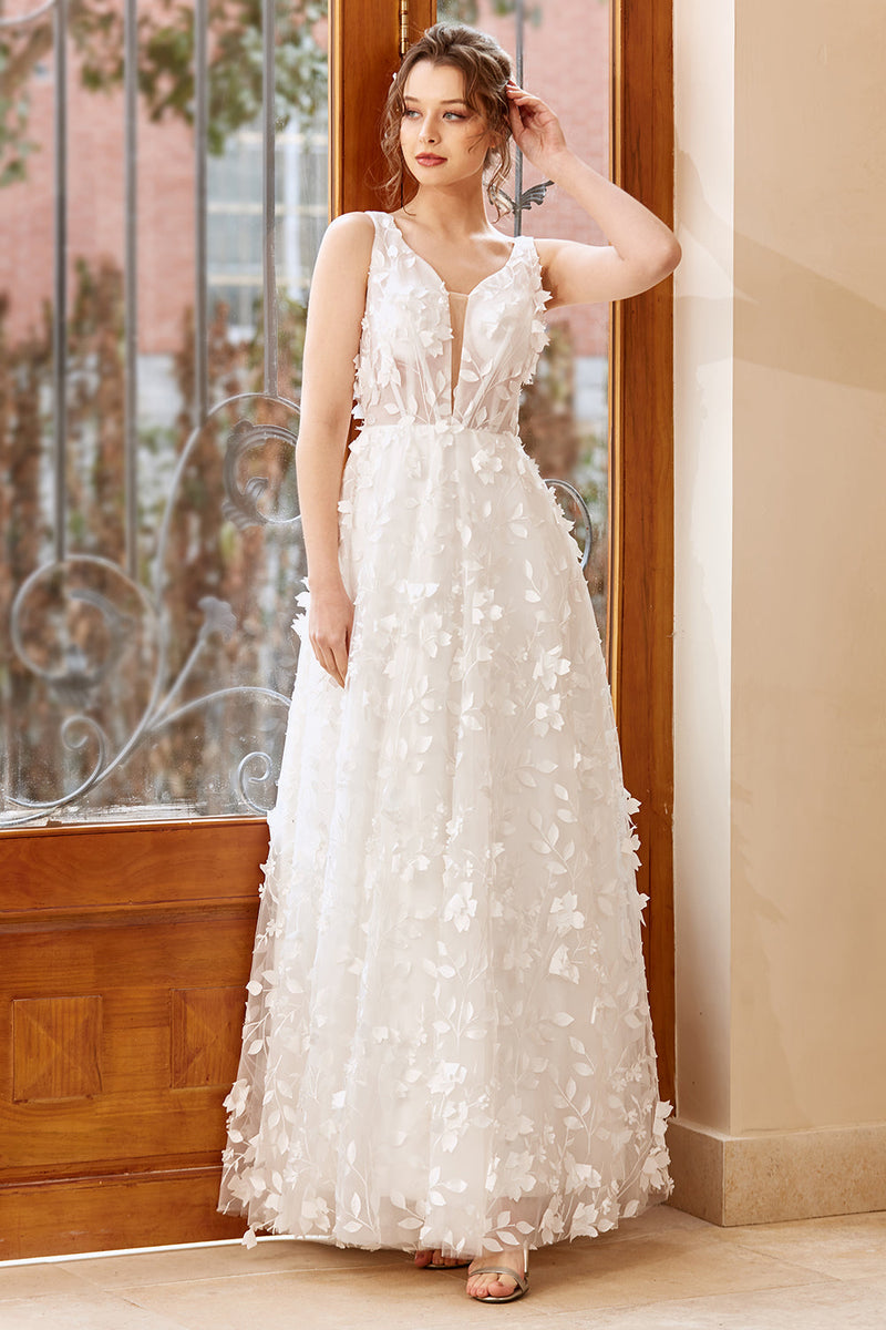 Load image into Gallery viewer, White Appliques Tulle Wedding Dress
