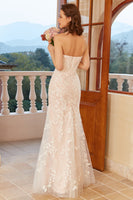 Load image into Gallery viewer, Mermaid Deep V Neck White Lace Wedding Dress with Appliques