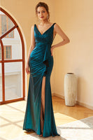 Load image into Gallery viewer, Peacock Blue Ruched Long Prom Dress with Slit