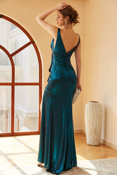 Peacock Blue Ruched Long Prom Dress with Slit