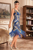 Load image into Gallery viewer, Blue Sequins Glitter Flapper Dress with Fringes