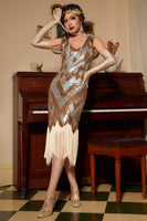 Load image into Gallery viewer, Golden Sequins 1920s Dress with Fringe