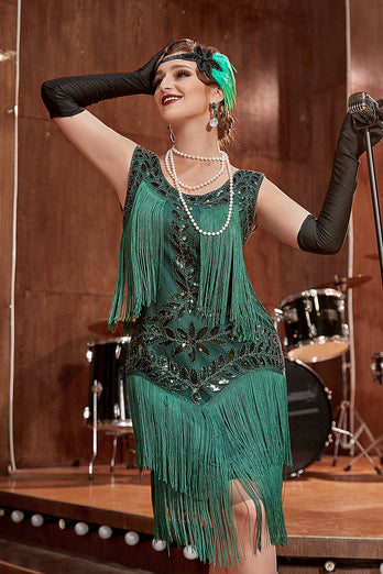 Dark Green Gatsby 1920s Dress with Sequins and Fringes