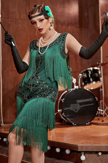 Dark Green Gatsby 1920s Dress with Sequins and Fringes