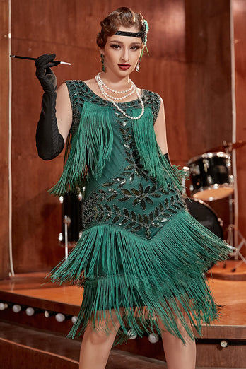 Dark Green Gatsby 1920s Dress with Sequins and Fringes