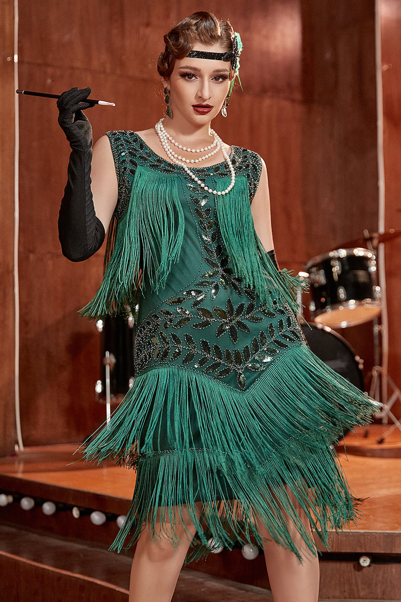 Load image into Gallery viewer, Dark Green Gatsby 1920s Dress with Sequins and Fringes