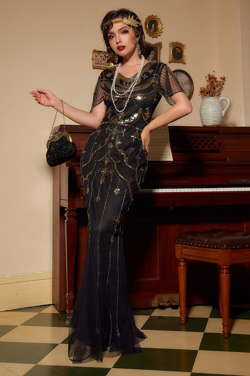 Queendancer Women Gatsby Dress Sequins Black Long 1920s Dress with Short Sleeves – queendanceruk