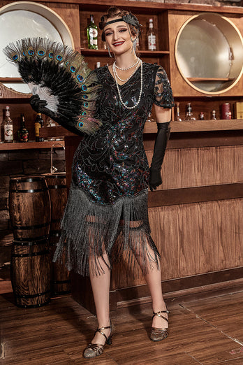 Black V-Neck 1920s Gatsby Dress with Colorful Sequins