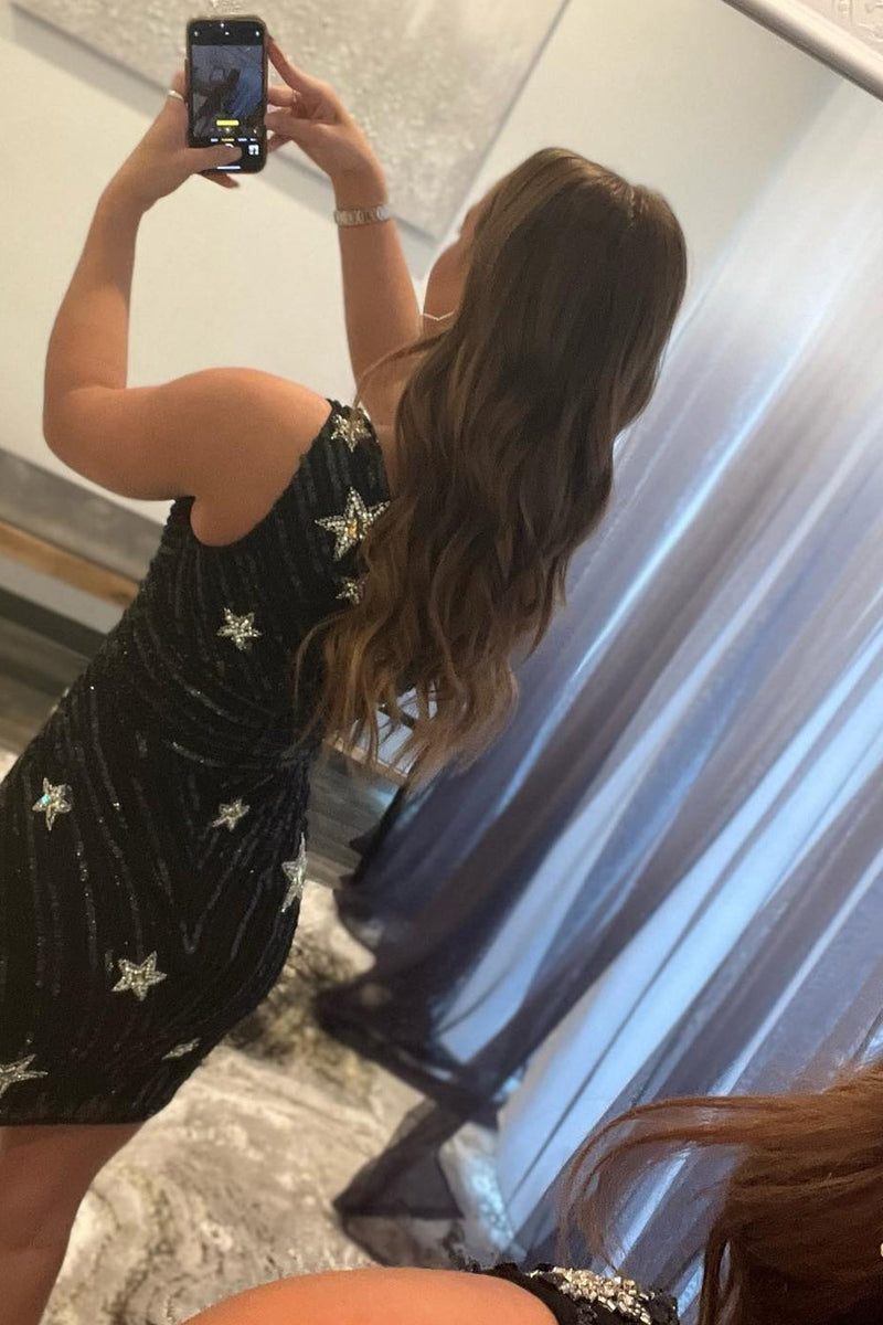 Load image into Gallery viewer, Sheath One Shoulder Black Sequins Short Homecoming Dress with Star