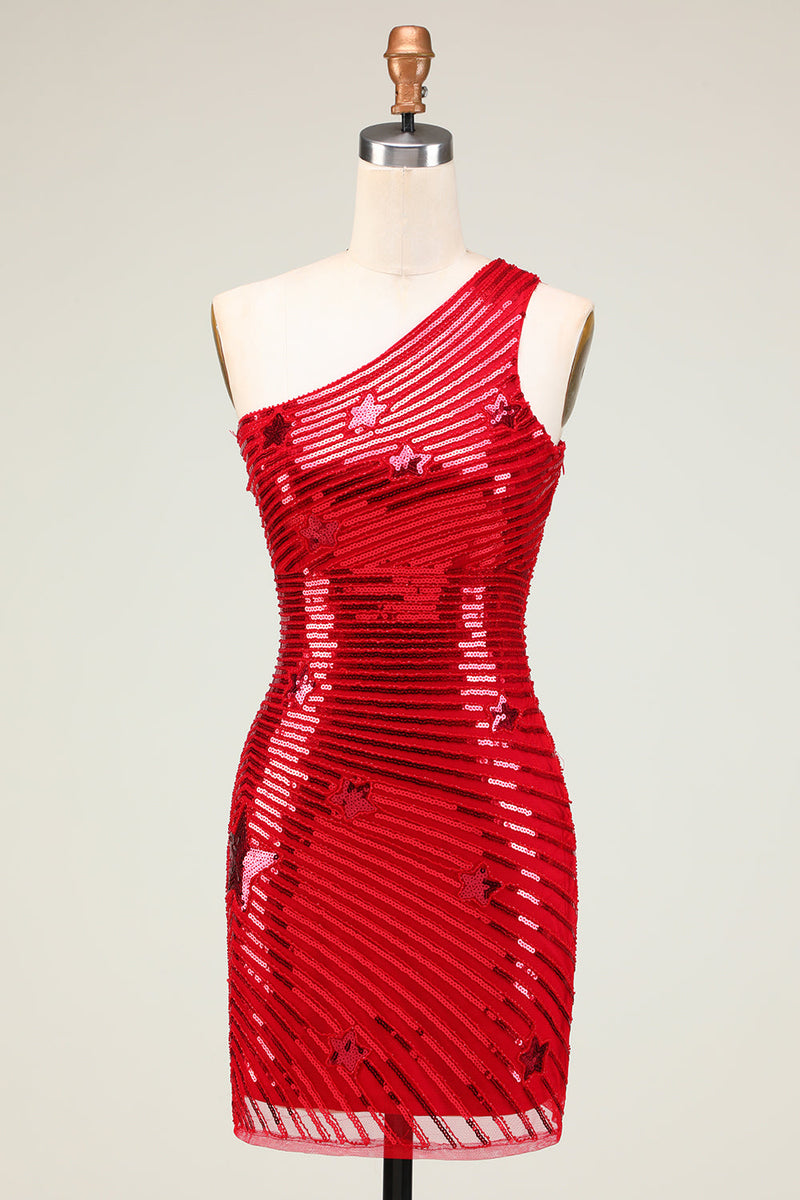 Load image into Gallery viewer, Glitter Red One Shoulder Sequins Stars Tight Short Party Dress