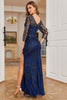 Load image into Gallery viewer, Boat Neck Navy Beaded Long Prom Dress with Long Sleeves