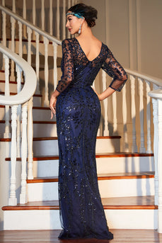 Gatsby Dress - Flapper Dress 1920s Long Sleeves Navy Sequin Vintage Dress for Party