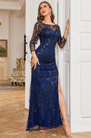 Load image into Gallery viewer, Boat Neck Navy Beaded Long Prom Dress with Long Sleeves