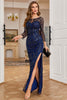 Load image into Gallery viewer, Boat Neck Navy Beaded Long Prom Dress with Long Sleeves