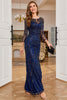 Load image into Gallery viewer, Boat Neck Navy Beaded Long Prom Dress with Long Sleeves