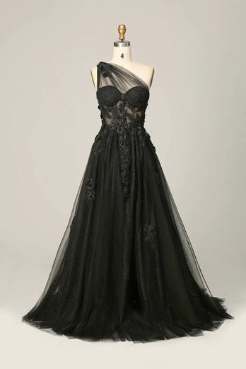 A-Line Tulle One Shoulder Purple Long Prom Dress with Appliques