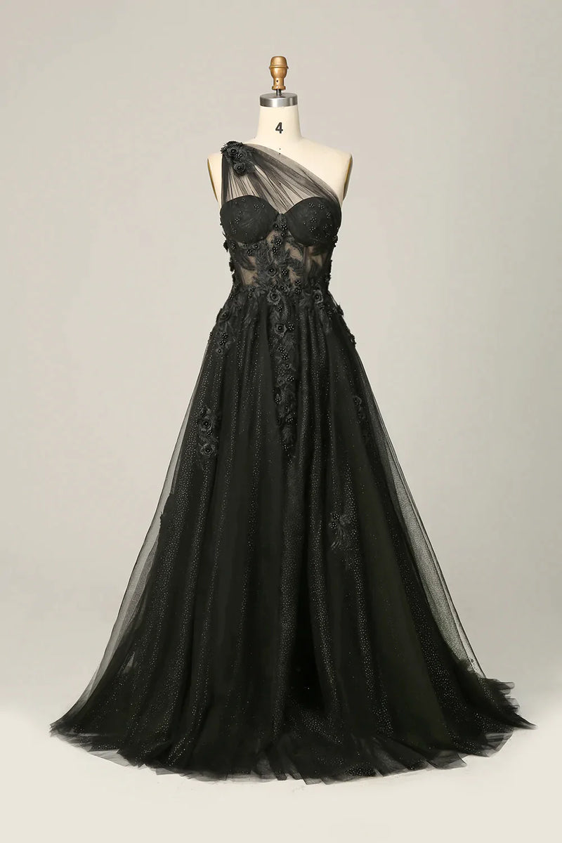 Load image into Gallery viewer, A-Line Tulle One Shoulder Purple Long Prom Dress with Appliques